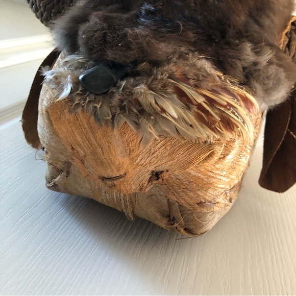 Folk Art Hanging BULL BASKET/PLANTER Made From Wood Wicker Bark Fiber Feathers & - Picture 12 of 16